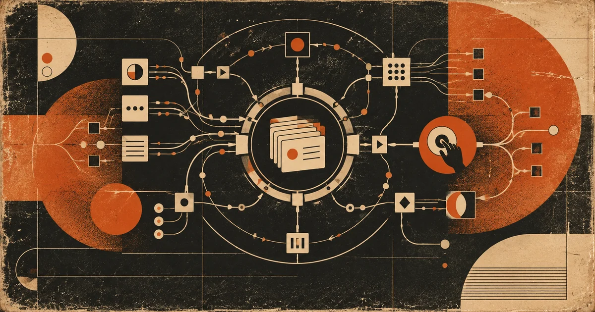 Bauhaus cybernetics illustration of continuous workflow loops around protected shared context, with a gate for human decisions.