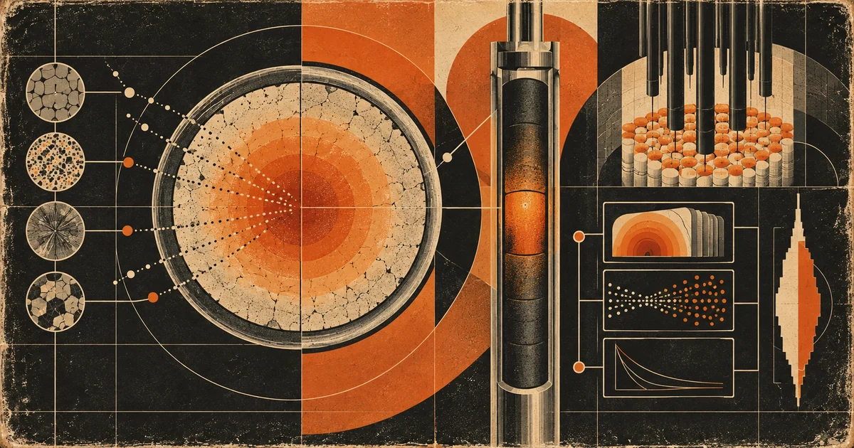 Atomic-age scientific plate showing a fuel-pellet temperature cross-section, reactor core and connected physical models.