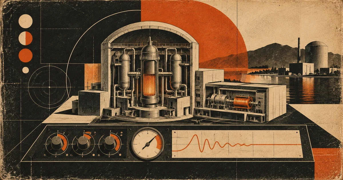 Vintage simulation instrument combining a cutaway nuclear power station, analog controls and a trace of plant response.