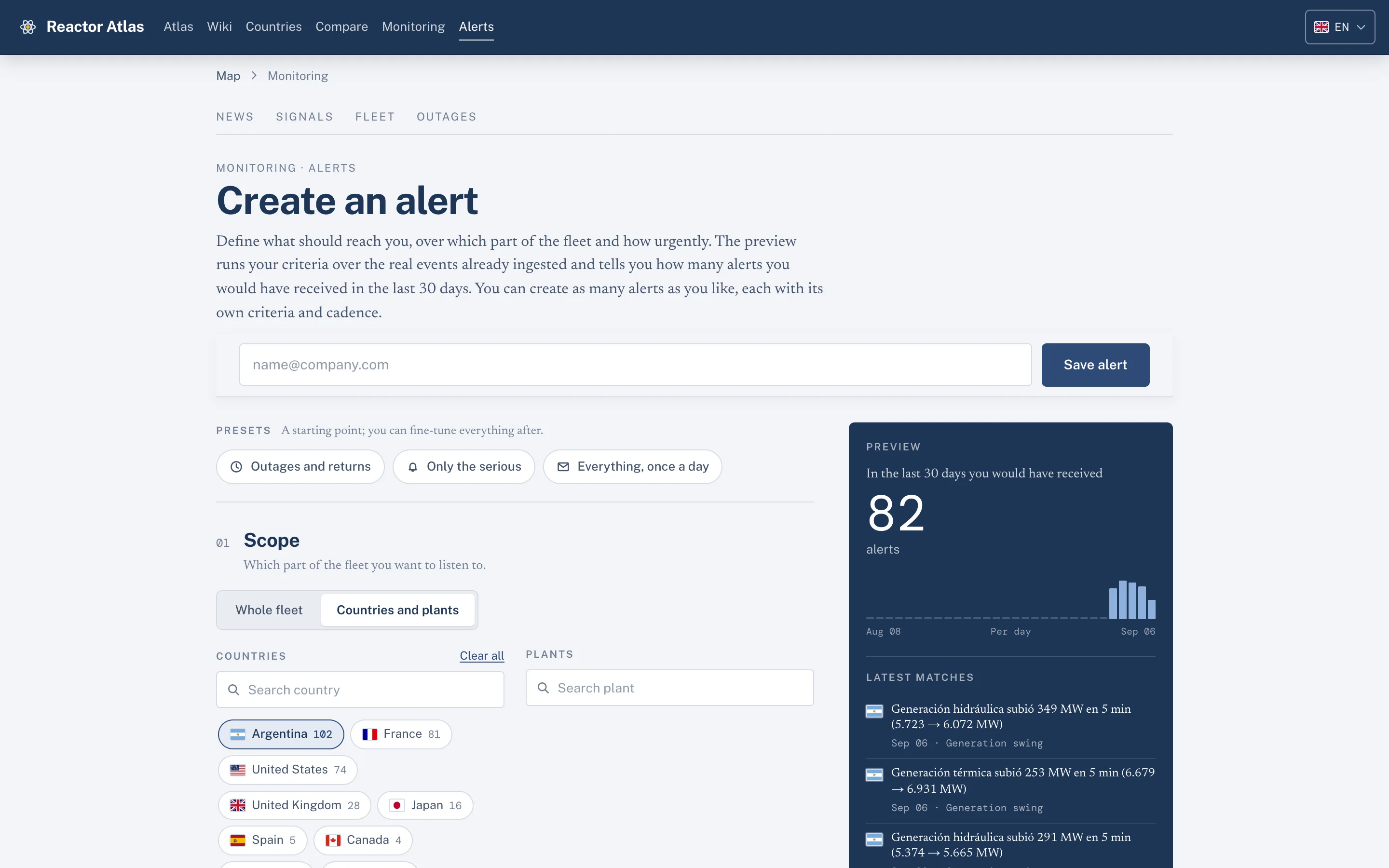 The alert builder: scope by country or plant, choice of signal families and severity, and a preview run against the real events of the last 30 days.