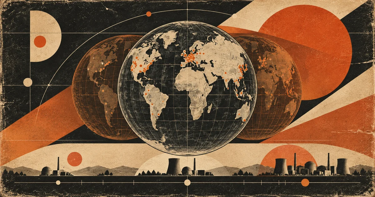 Vintage nuclear atlas with a central globe, facility markers and layered historical globes above a timeline of reactor sites.